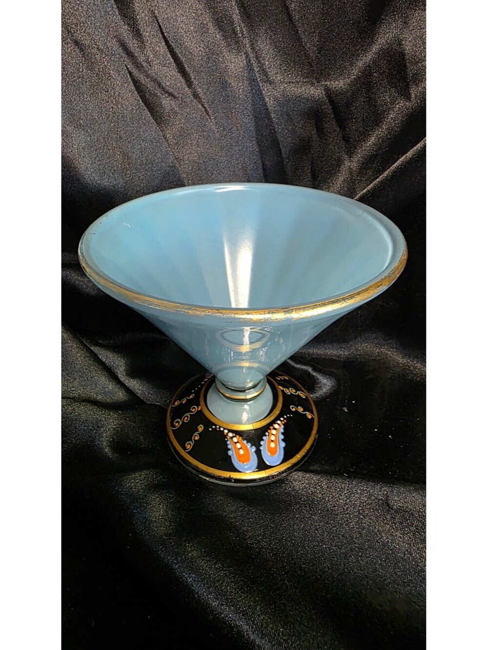 Antique Bohemian Blue Opaline Glass Hand Painted Footed Compote Bowl Art Glass